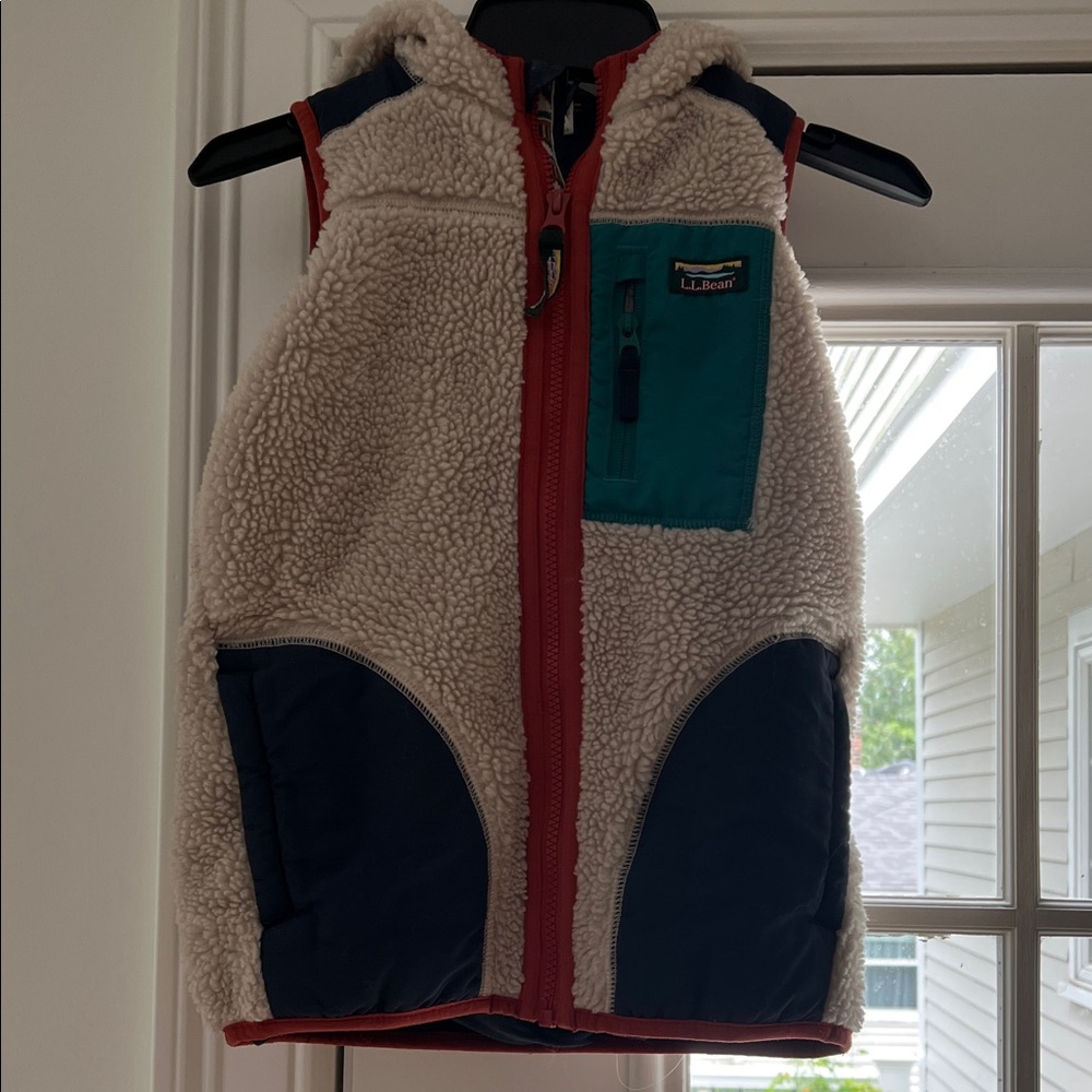6T/7 L.L. Bean Fleece Vest with Hood - Cream and Blue